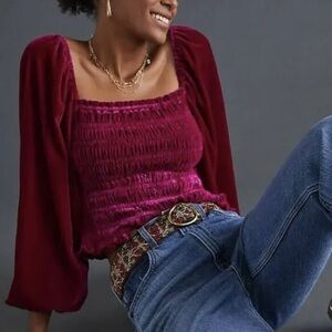 Anthropologie Pink Puff-Sleeved Velvet Blouse